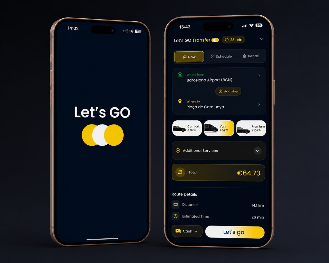 The Let's GO Transfer app: booking screen